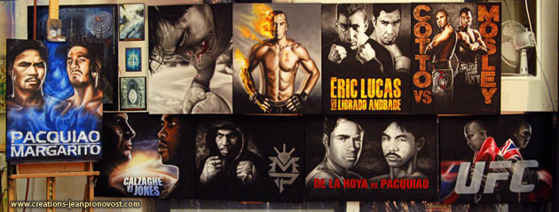 On voit ici 9 des 14 peintures de boxeurs réalisées au airbrush pour le club de boxe de l’est à Montréal.