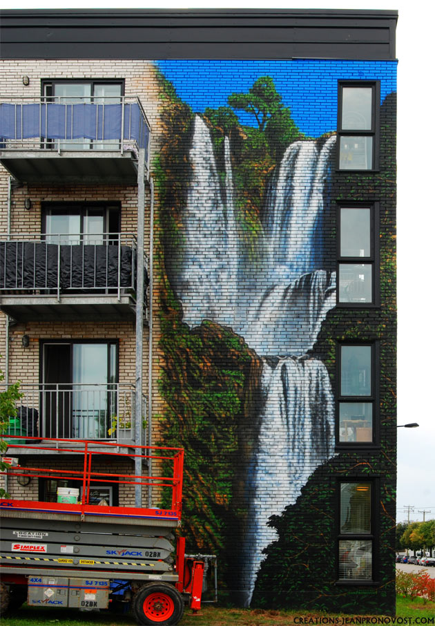 exterior wall airbush mural with waterfall