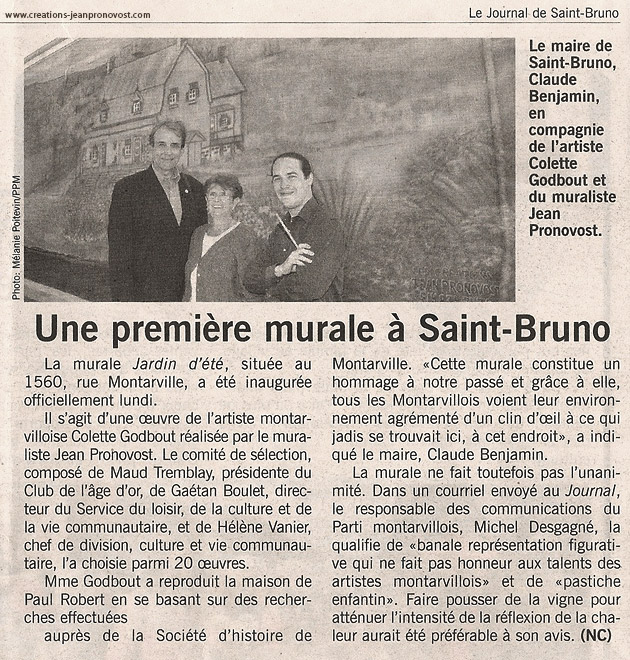 Article sur la murale extérieure réalisé par l'artiste peintre muraliste Jean Pronovost