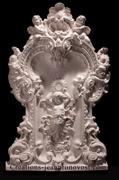 decorative rococo low relief, ornemental renaissance sculpture Quebec Canada